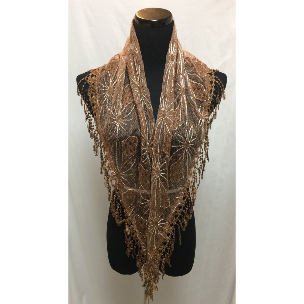 Bronze Metallic Lace Triangle Shawl Floral Embroidery Tassel Trim Wrap Scarf